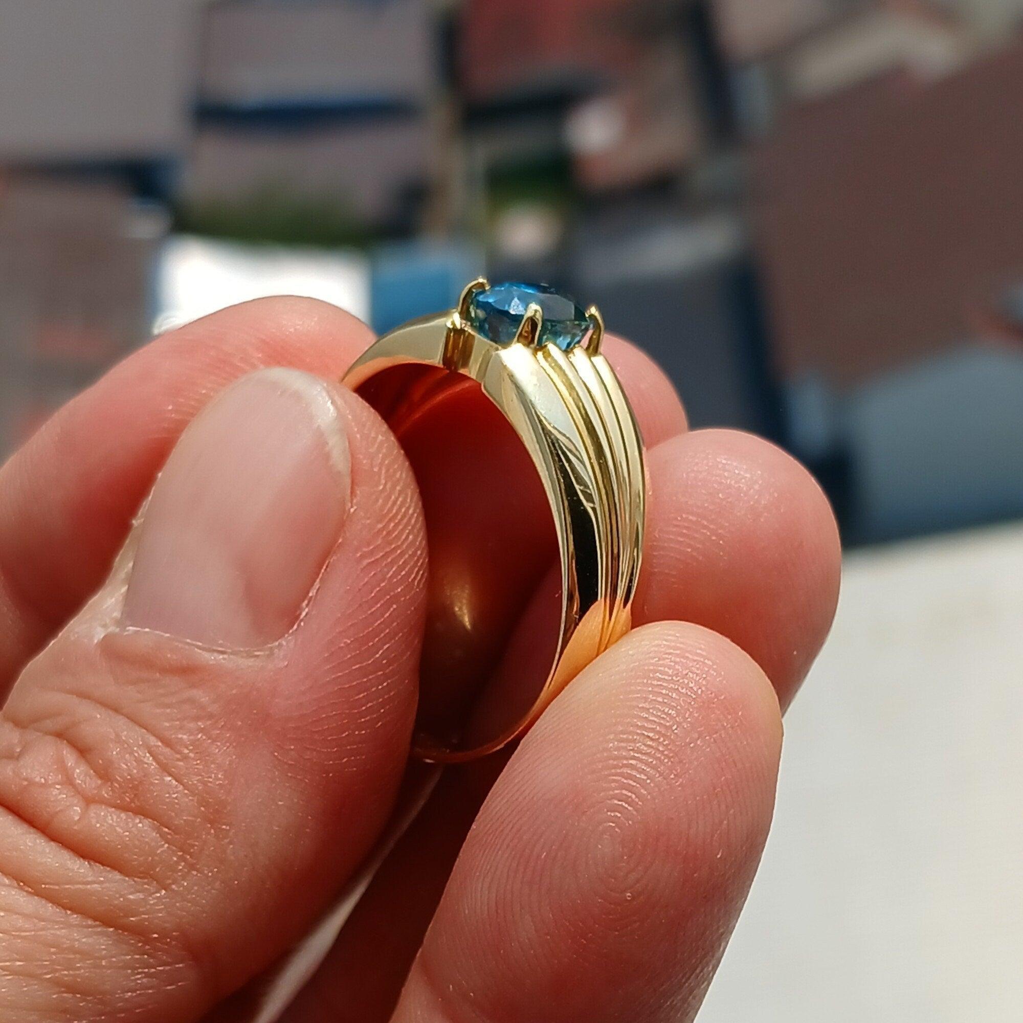 18K Yellow Gold Ring, Blue Zircon Gold Ring, Men's 18K Gold Ring, Men's Ring, oval Blue Zircon, Minimalist Gold Ring, Gift for Him - Size 13-3